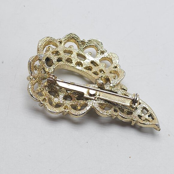 Vintage Gold Tone Brooch With Brown Topaz Rhinestones Leaf Design - Picture 3 of 4